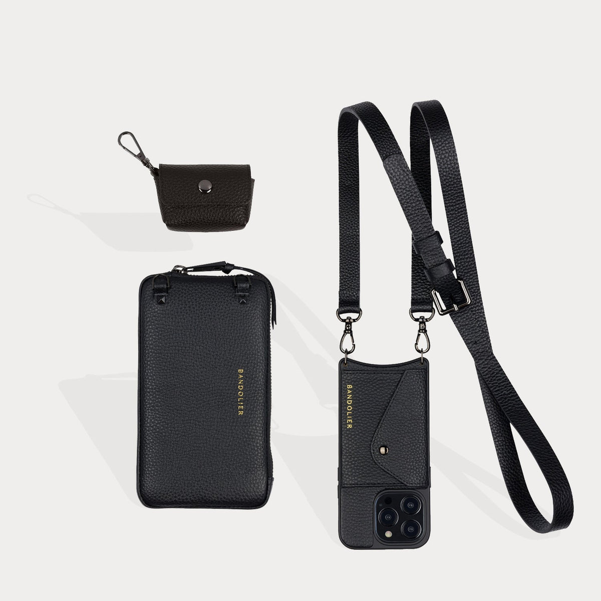 Bandolier Hailey Crossbody Phone Case and Wallet - Black Leather with  Pewter Detail - Compatible with iPhone 14