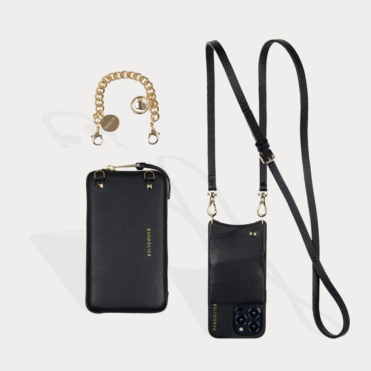 Bandolier Emma Crossbody Phone Case and Wallet - Black Leather with Gold  Detail - Compatible with iPhone 14