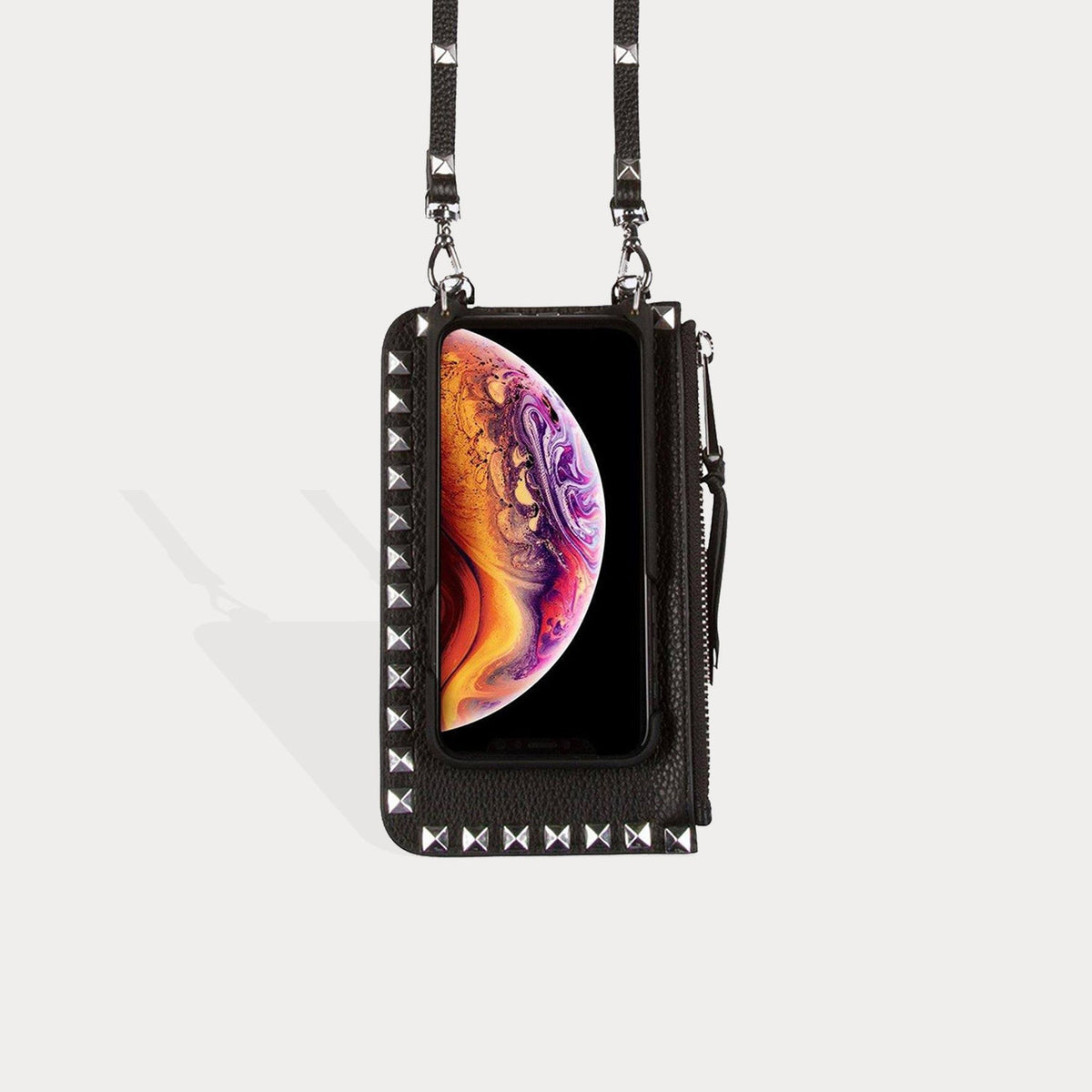 Bandolier Sarah Crossbody Phone Case and Wallet - Black Leather with Silver Detail - for iPhone X/XS