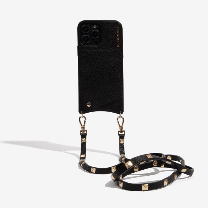 Bandolier Emma Crossbody Phone Case and Wallet - Black Leather with Gold  Detail - Compatible with iPhone 14