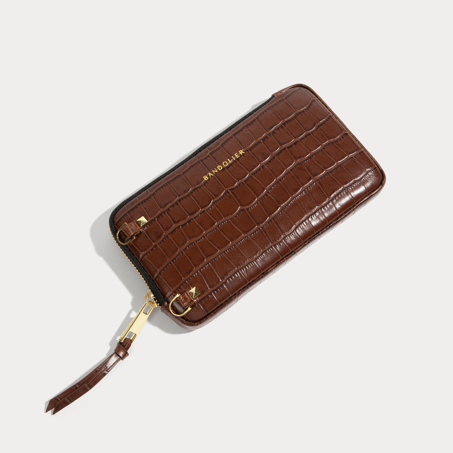 Expanded Embossed Croc Zip Pouch - Brown Croc/Gold