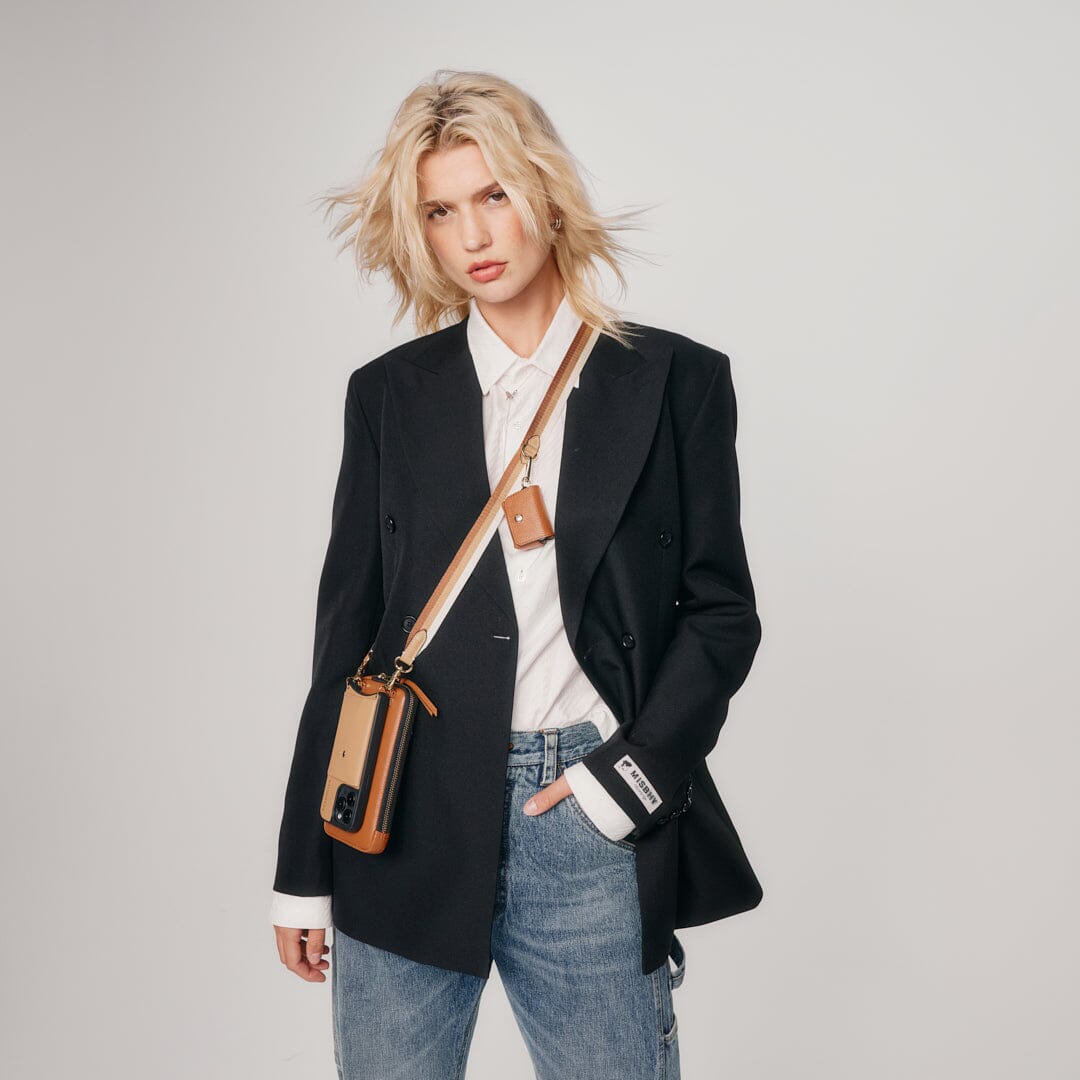 Lauren Nylon Adjustable Crossbody Strap in Sienna/Gold | Genuine Leather | Bandolier Style