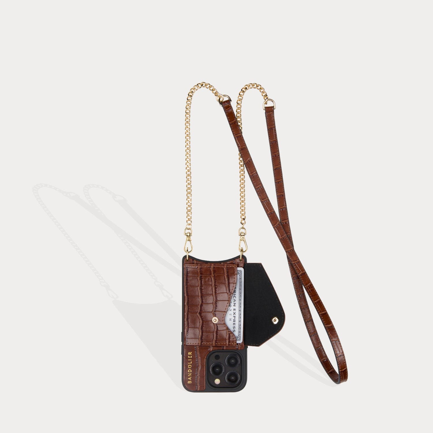 Vivian Side Slot Crossbody Bandolier - Brown Croc/Gold Bandolier Bandolier 