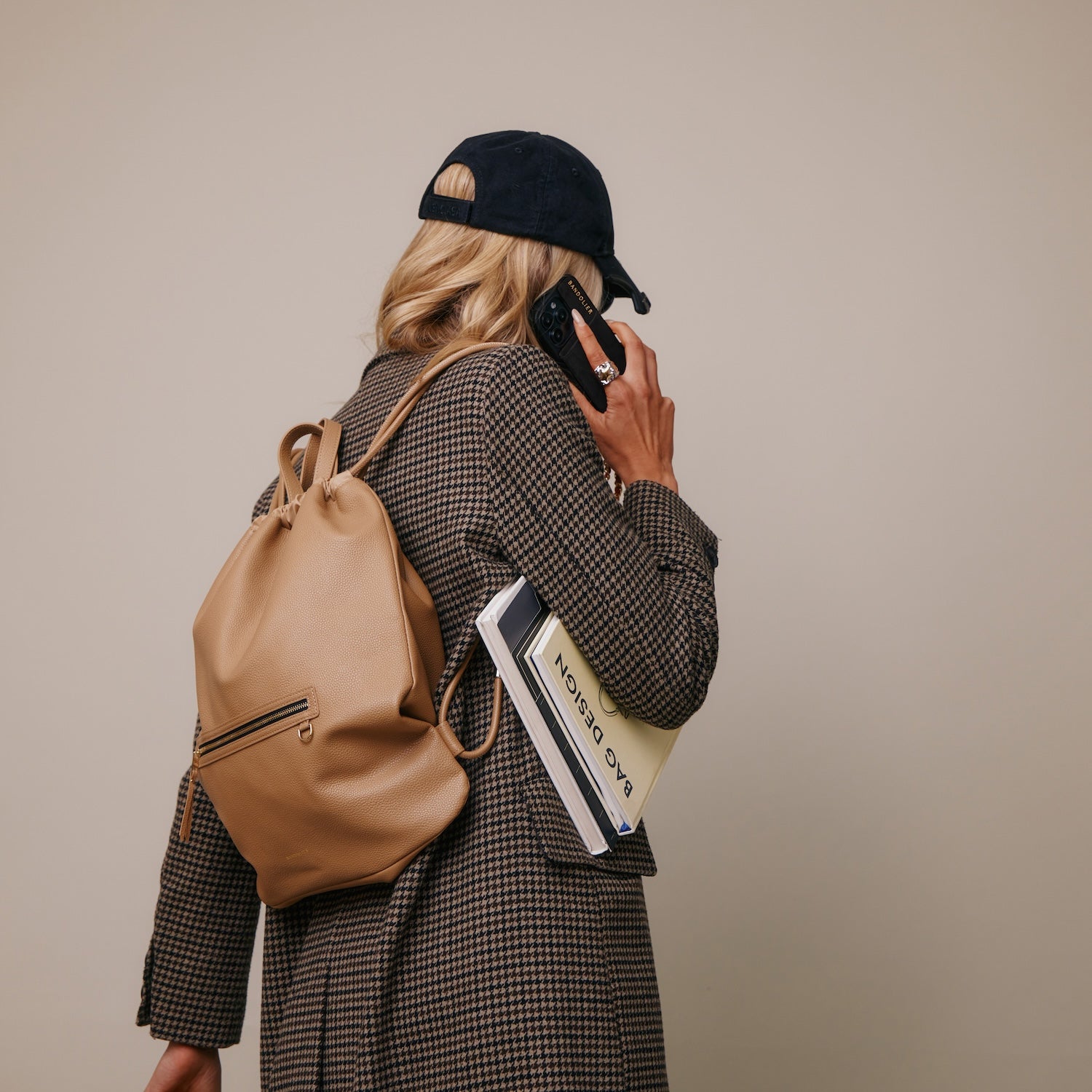 Drawstring Backpack - Tan/Gold