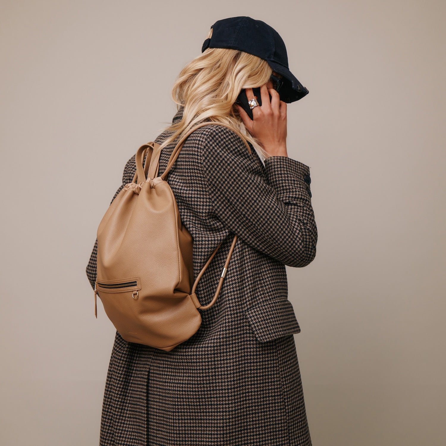 Drawstring Backpack - Tan/Gold