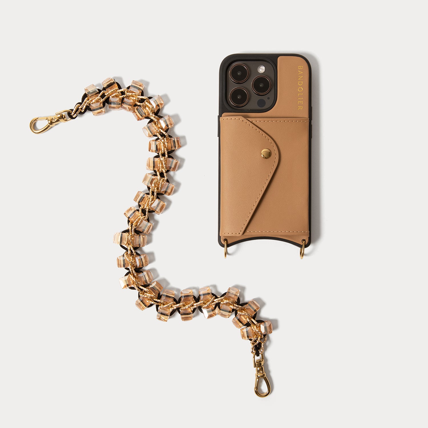 Crystal Wristlet Phone Case - Tan/Gold