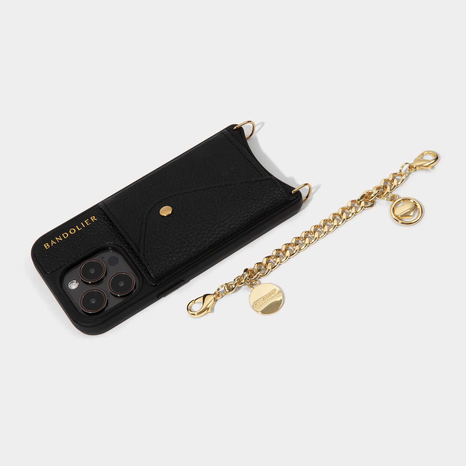 Charm Pebble Leather Wristlet- Black/Gold