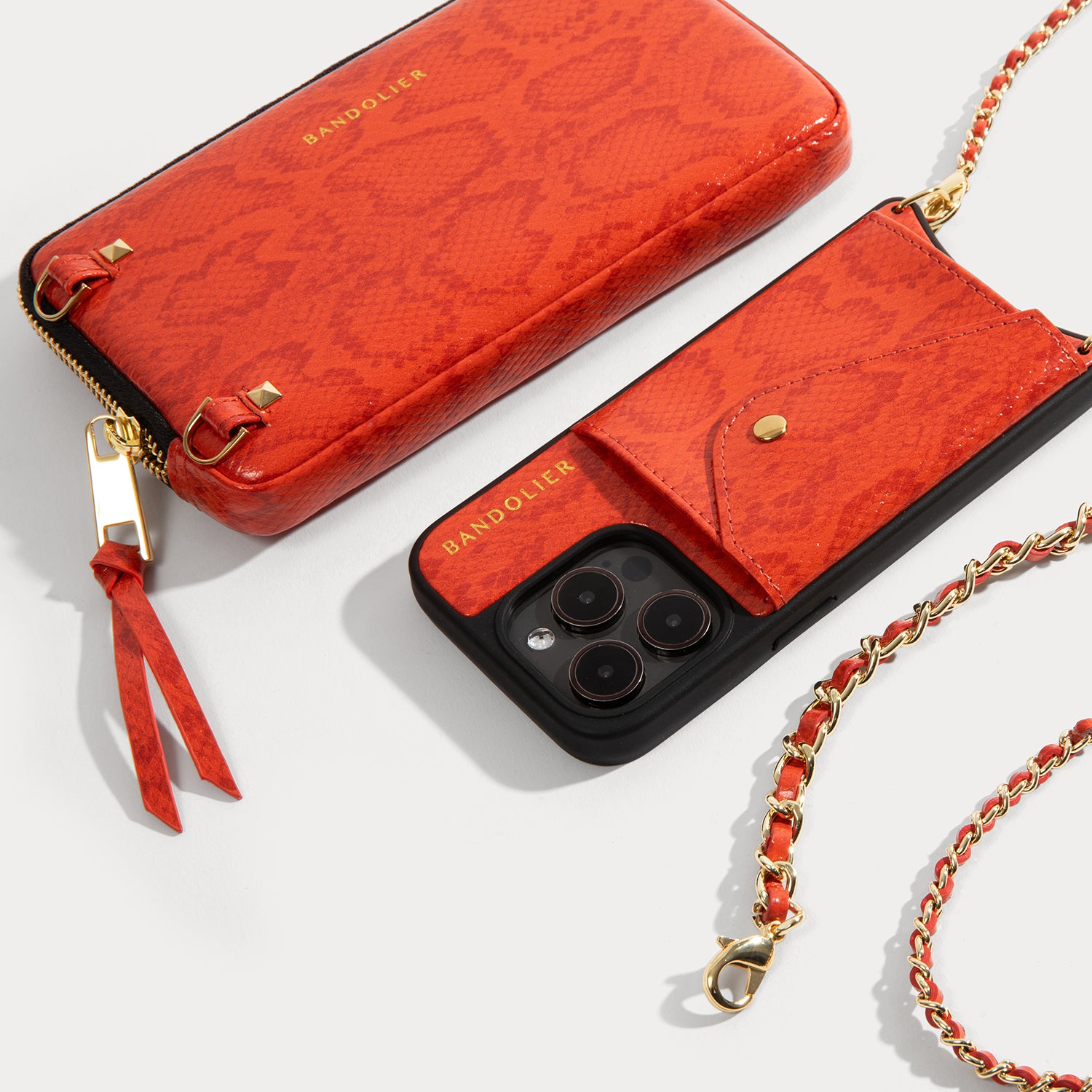 Lily iPhone Case and Expanded Pouch Set - Orange Snake/Gold