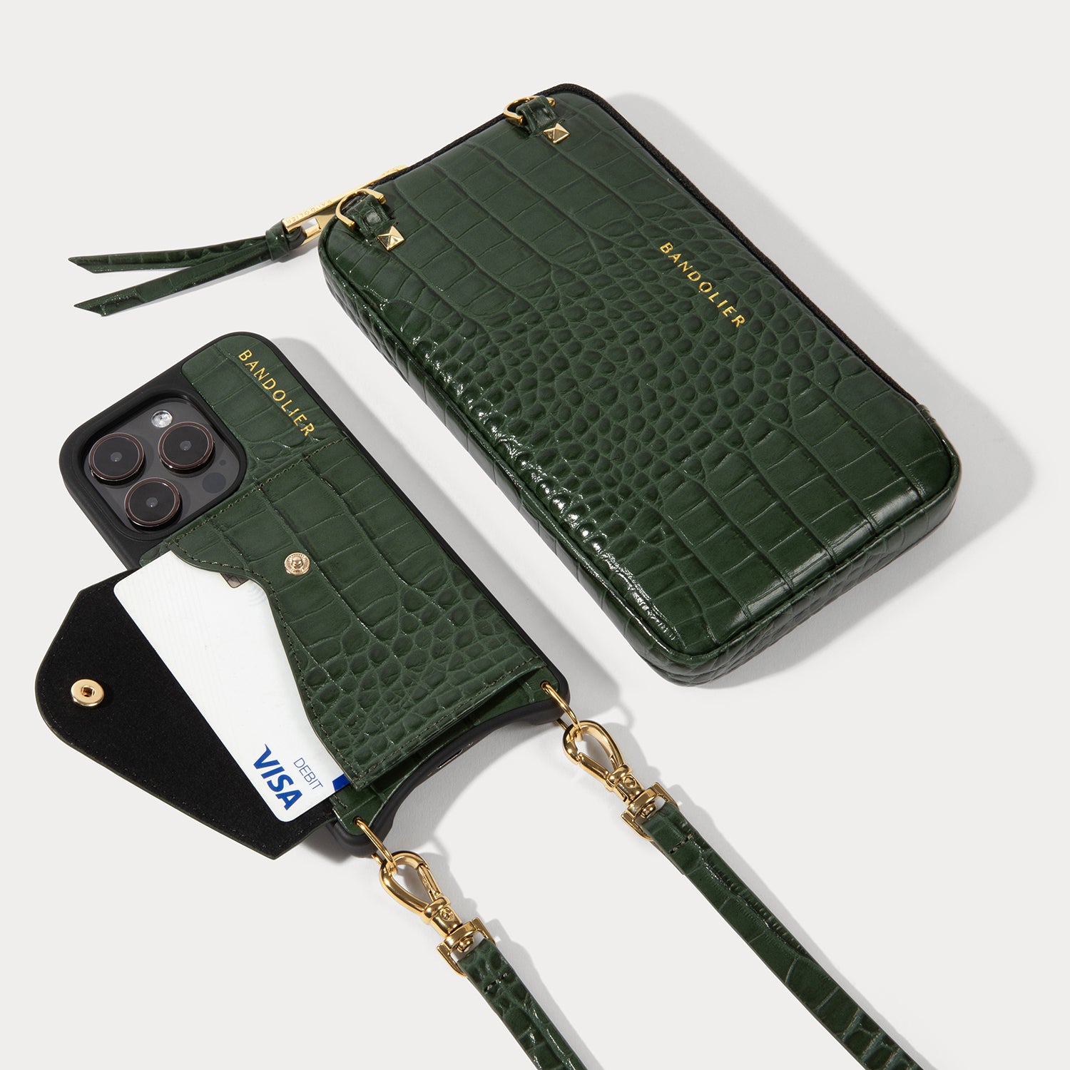 Donna iPhone Case and Expanded Pouch Set - Dark Green Croc/Gold