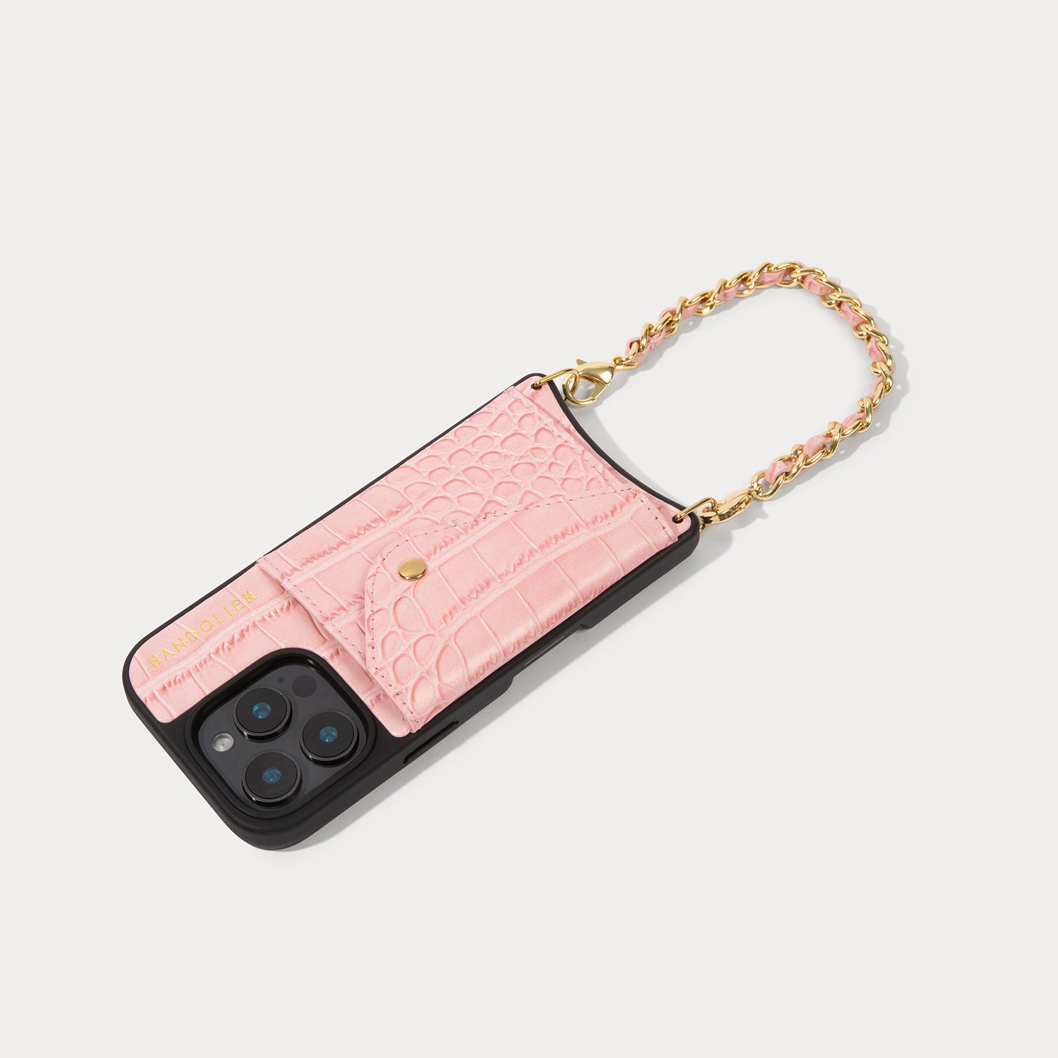 Lily Side Slot Leather Crossbody Bandolier Set - Pink Croc/Gold