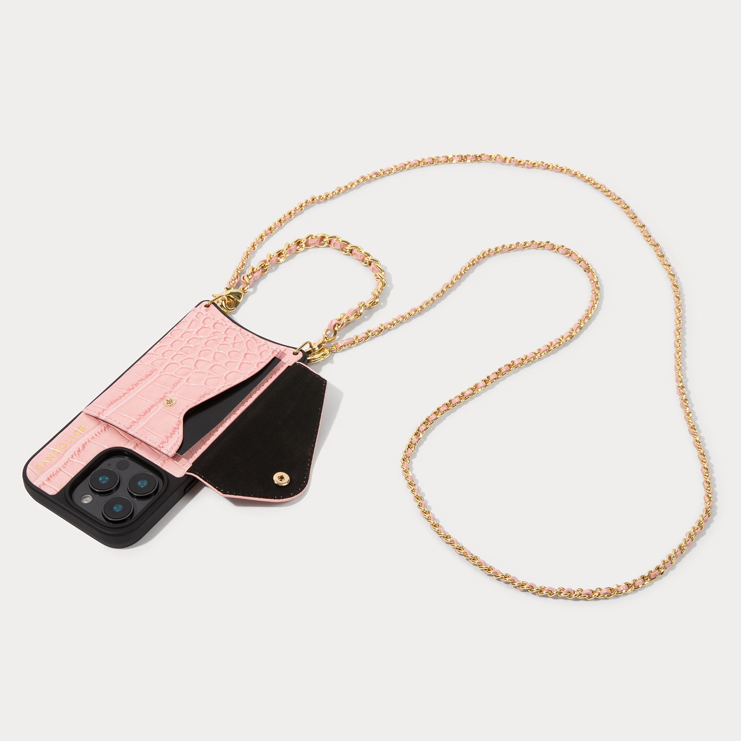 Lily Side Slot Leather Crossbody Bandolier Set - Pink Croc/Gold