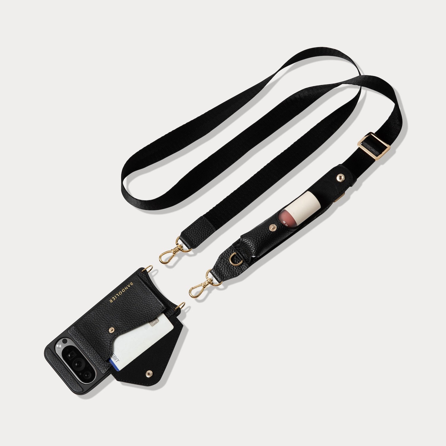 Lana Lipstick Google Pixel Side Slot Leather Crossbody Bandolier - Black/Gold