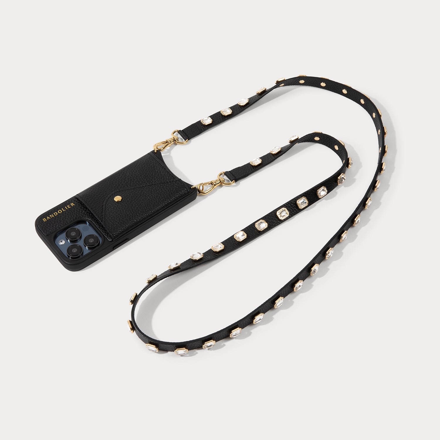 Eva Rhinestone Crossbody Strap - Black/Gold