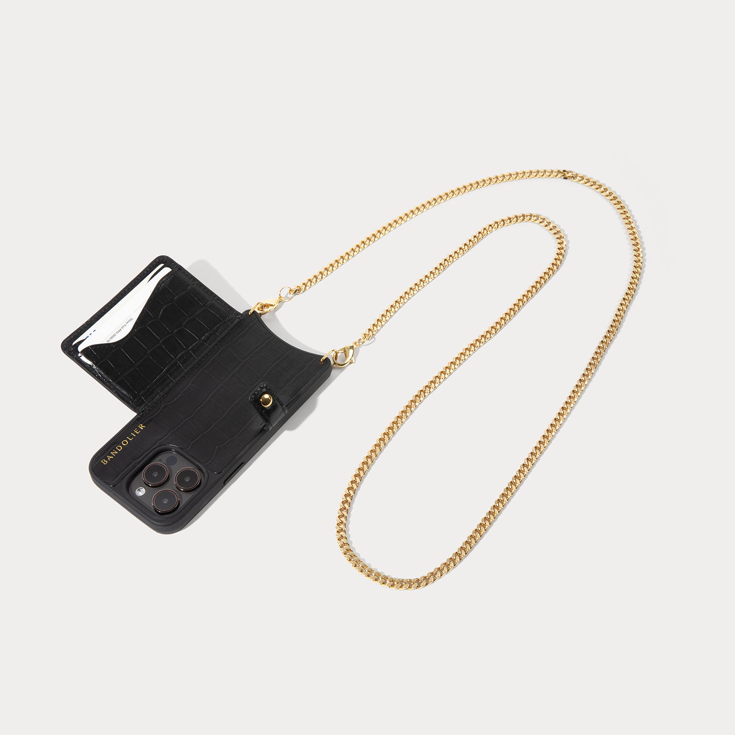 Mona MagSafe Charging Crossbody Bandolier - Black Croc/Gold