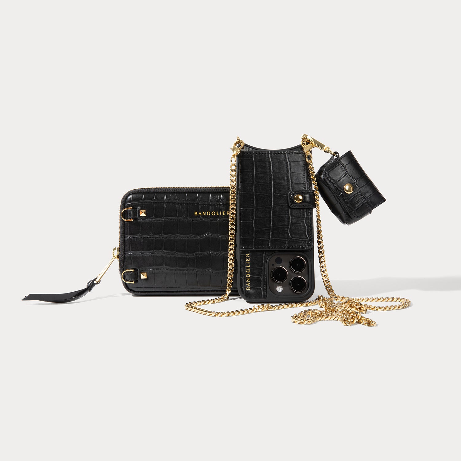 Expanded Zip Pouch - Black Croc/Gold