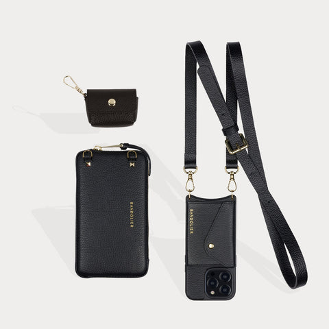 Hailey Side Slot Embossed Leather Crossbody Bandolier in Matte Black/Gold | _ / iPhone 12promax | Bandolier Style