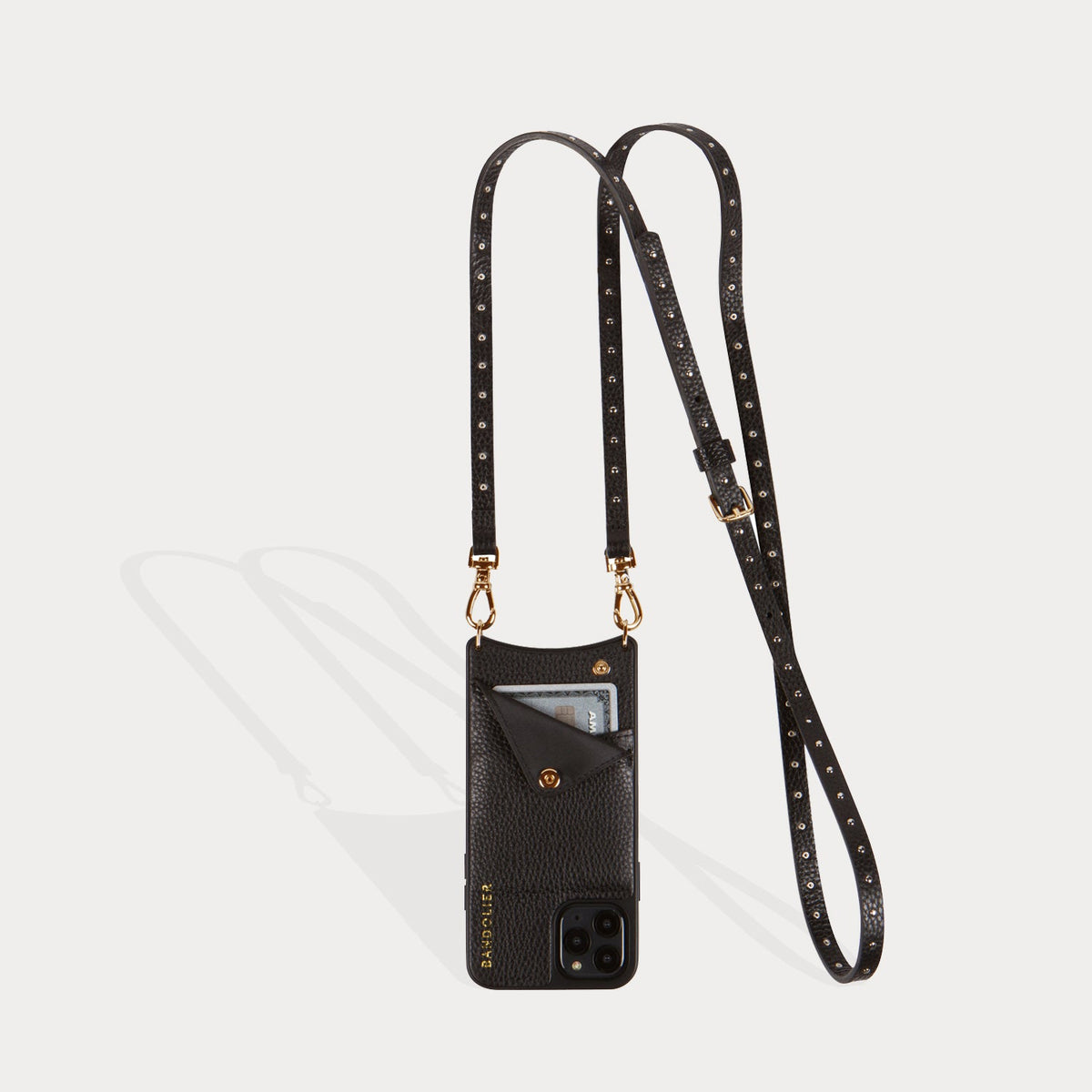 Kimberly Adjustable Crossbody Bandolier in Black/Gold | 14 / iPhone Plus | Genuine Leather | Bandolier Style