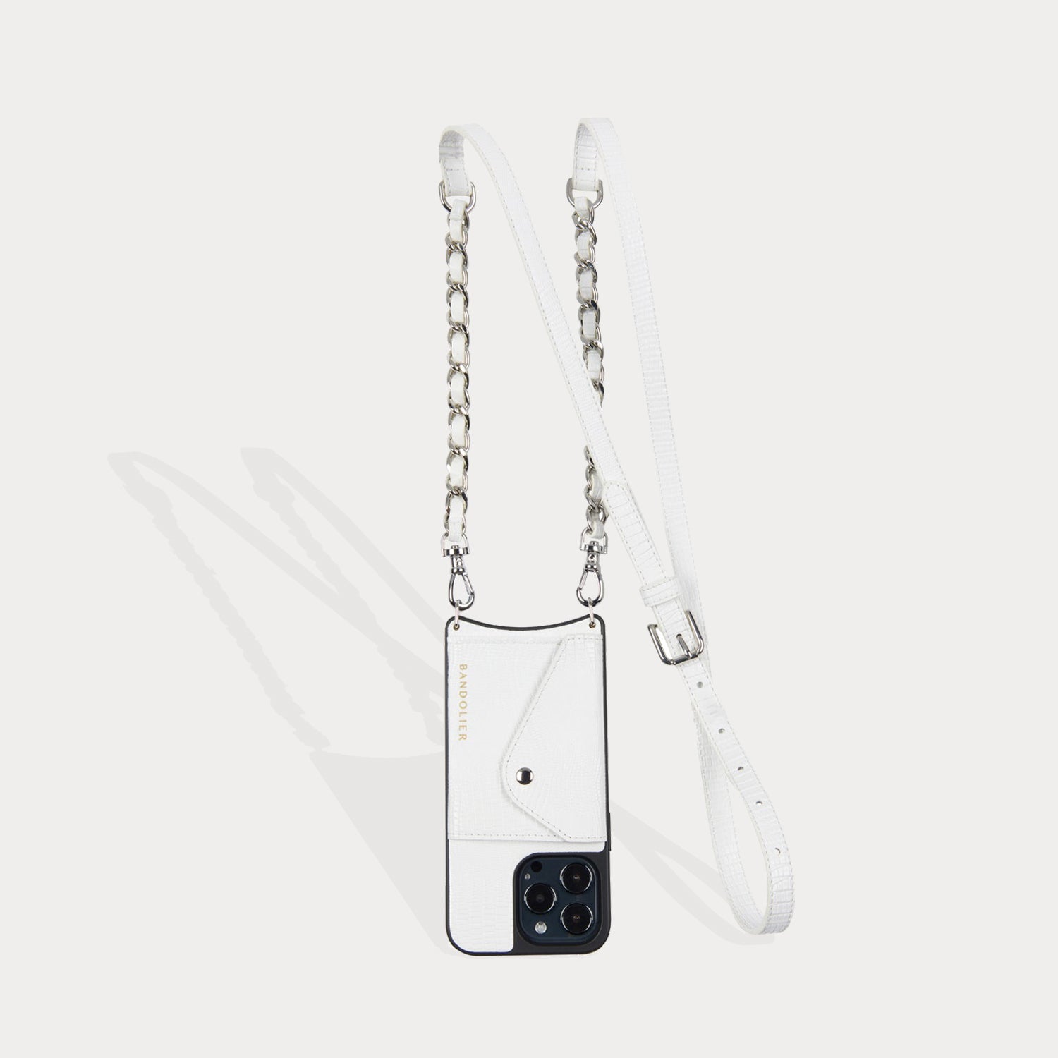 Paige Vegan Side Slot Crossbody Bandolier - White Lizard/Silver Bandolier Bandolier 