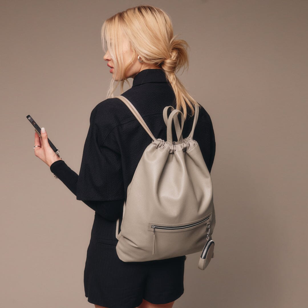 Drawstring Backpack and Carry All Zip Pouch- Greige/Silver