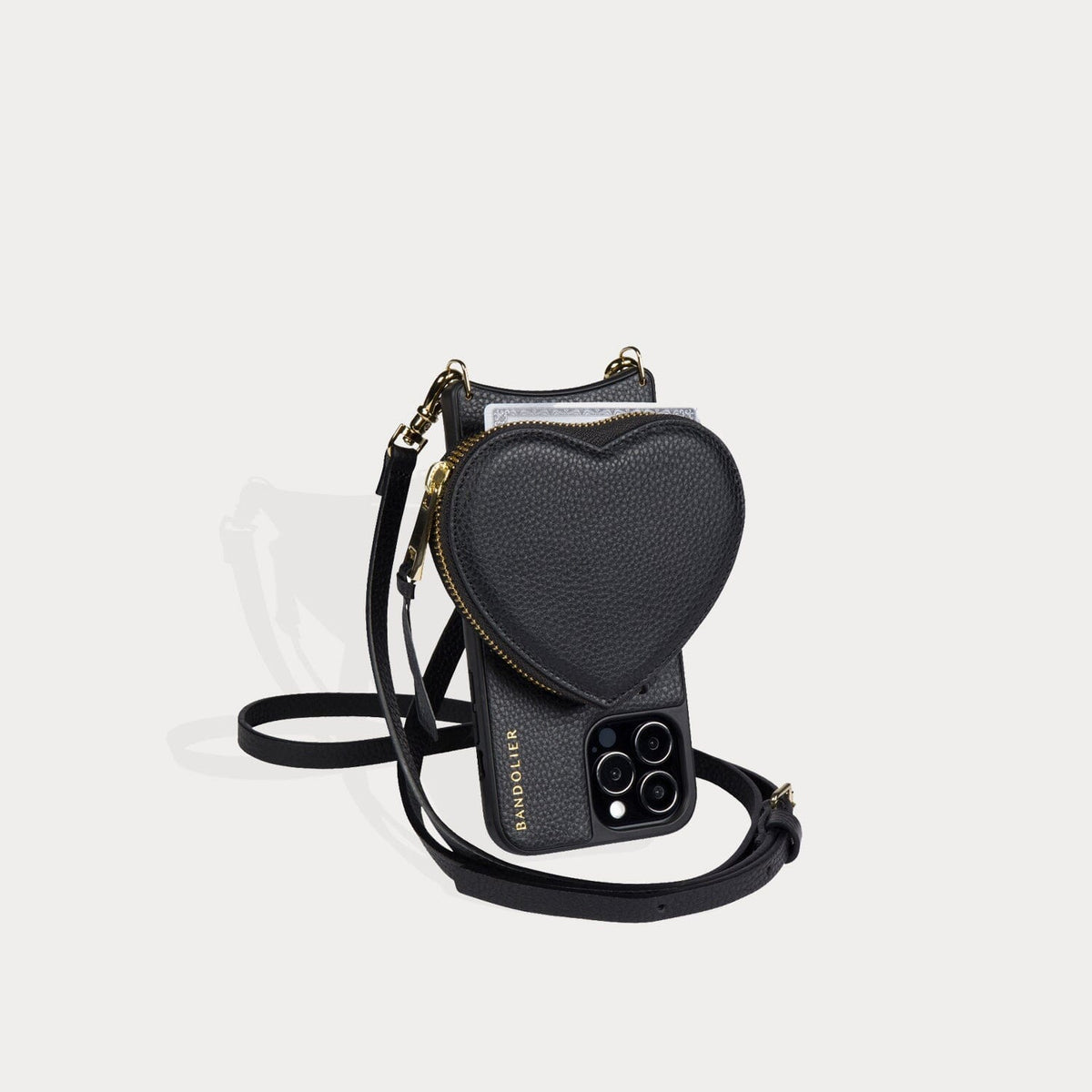 Willa Heart Crossbody Bandolier in Black/Gold | 14 / iPhone Regular | Genuine Leather | Bandolier Style