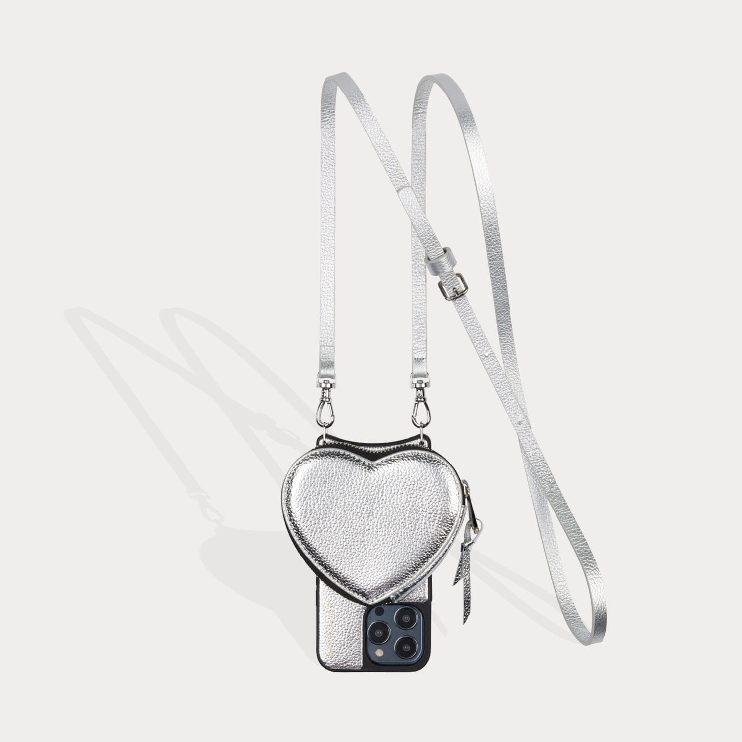 Willa Heart Pouch Bandolier in Silver/Silver | 13 / iPhone Pro | Genuine Leather | Bandolier Style