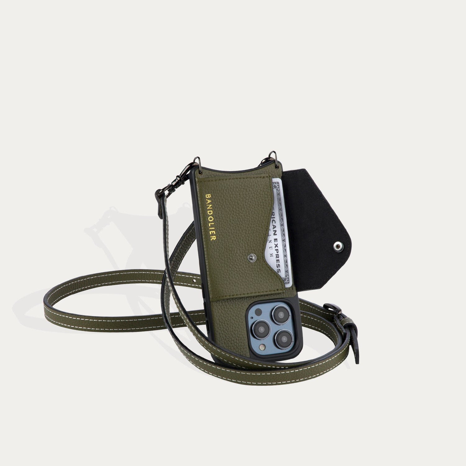 Casey Side Slot Pebble Leather Crossbody Bandolier - Army Green/Pewter Bandolier 