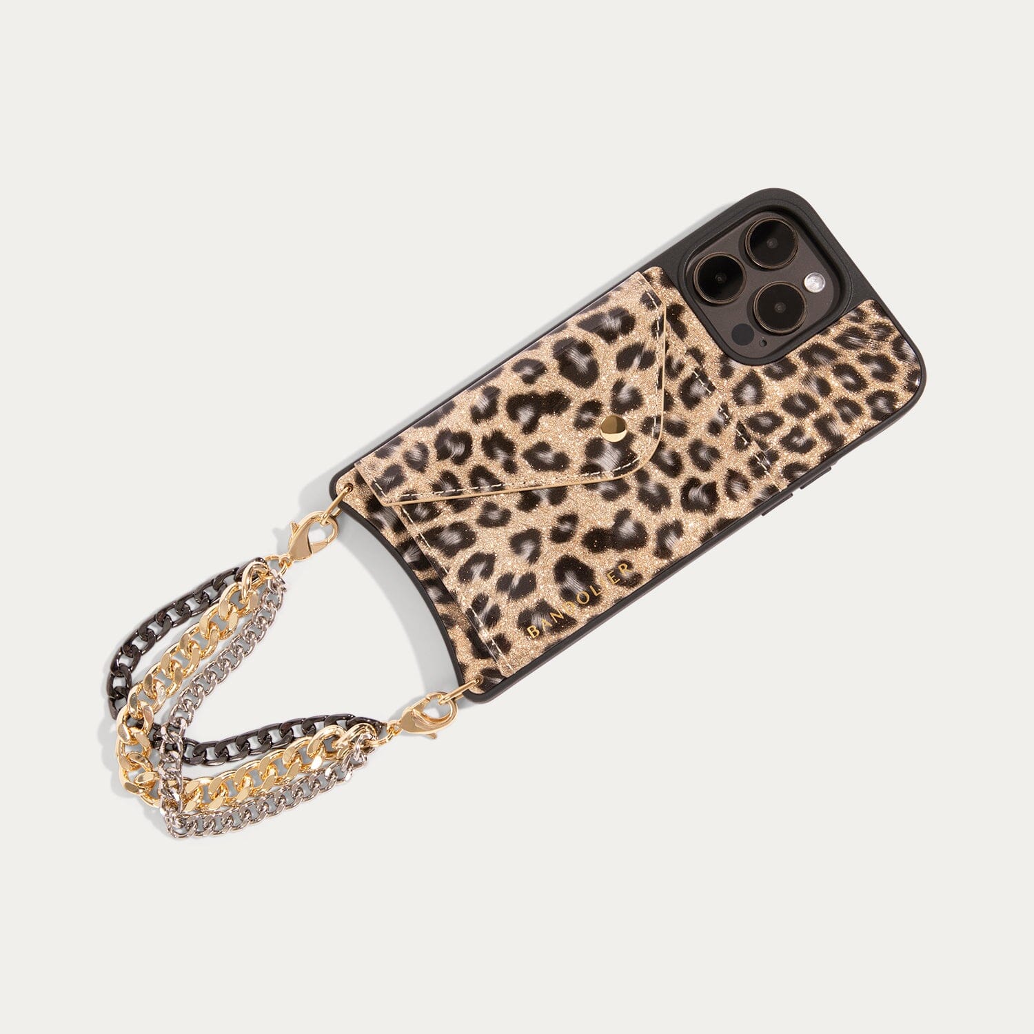 Sabrina Vegan Wristlet - Glitter Leopard/Gold Bandolier 